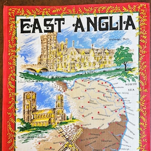 Souvenir of East Anglia England Tea or Dish Towel, with map, castles, windmill on cotton, unused NWOT 20&quot; x 26&quot; Excellent vintage condition