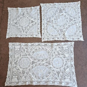 Antique French Normandy mixed lace 3-pc centerpiece doily or dresser set, Point de Gaze, binche bobbin lace, needle & net lace, embroidery