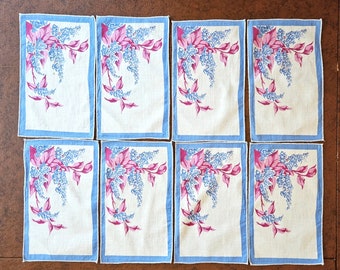 8 Wisteria Cocktail Napkins, maybe lilacs or butterfly bush? magenta pink & blue, feels like linen, 9" x 5.5" Excellent vintage condition