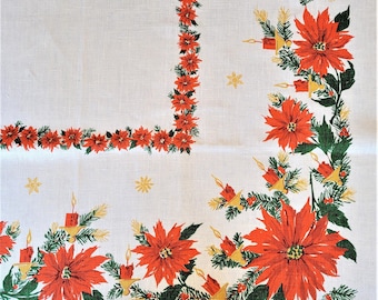 Christmas Poinsettias, Pine, Candles Tablecloth 50" x 65" by Linen Tempo, Post & Sherman, ivory heavy linen, bright colors, Exc vintage cond