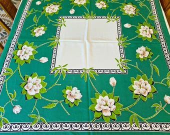 Magnolia Tablecloth 47" x 53" Vicray Hand Prints green background, black wrought iron border, on cream cotton-rayon blend Exc vintage cond