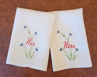 His & Hers Hand or Guest towels, hand embroidered blue bachelor buttons, red letters 11" x 17" Excellent vintage condition