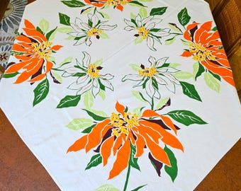Giant Poinsettia Tablecloth possibly by Prints Charming Sunweave, 48" x 50" orange & white poinsettias on white rayon, Exc vintage cond