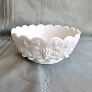 Paneled Grape milk glass cupped fruit bowl, centerpiece bowl by Westmoreland Glass WG mark 8 3/8&quot; x 3.75&quot; tall, Excellent vintage condition