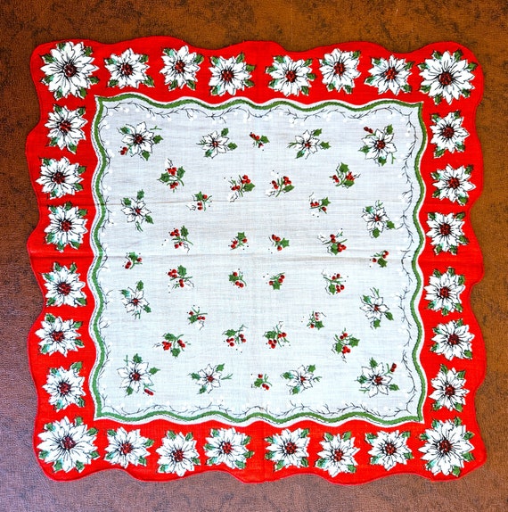 Vintage Christmas handkerchief hanky, White Poins… - image 2