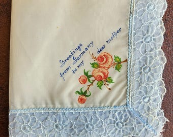 Souvenir of Germany handkerchief hanky, painted flowers, Greetings from Germany To My Dear Mother, nylon taffeta, 10" sq, Exc vintage cond