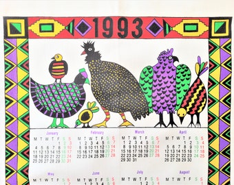 1993 Calendar Towel by Dezign Inc in Zimbabwe, a Women's Fair-Trade Company, vivid colors on canvas, unused, Excellent vintage condition