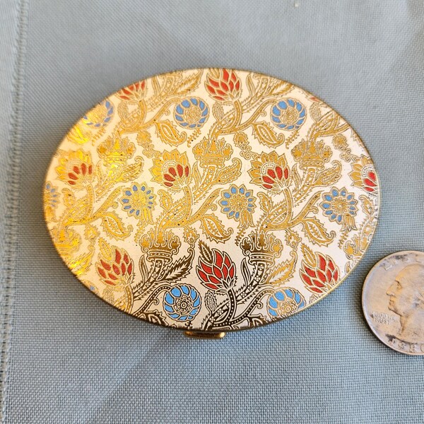 K&K powder compact goldtone metal, painted cover, Kopler and Kopit NOS unused 3" x 2.5" oval, mirror, puff, sifter Excellent vintage cond