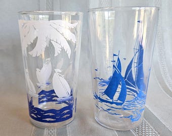 Two Sailboat tumblers, drinking glasses, blue & white palm trees and boats, optic glass with blue boat, 4.75" tall, Very Good vintage condtn