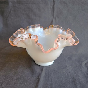 Fenton Rose Crest ruffled crimped bowl, milk glass with clear pink edge, 6 3/4&quot; wide x 3 3/4&quot; high, Excellent vintage condition