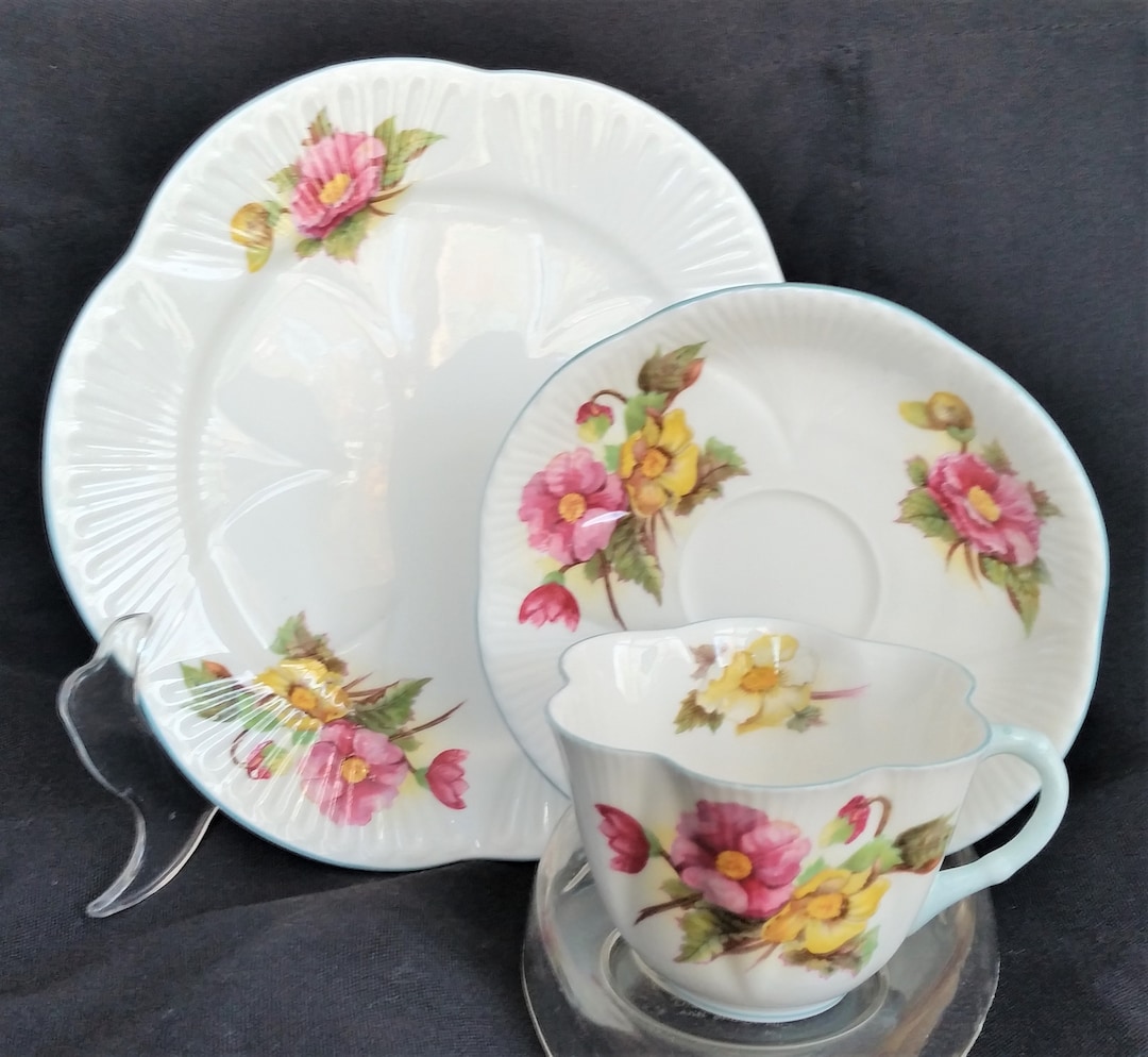Shelley Bone China Begonia Teacup, Saucer & 8.25 Plate Trio Dainty
