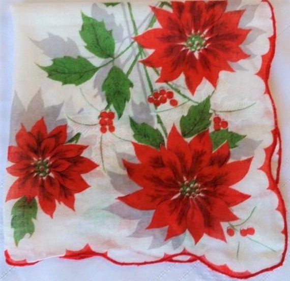 poinsettia Vintage DESCO Red Embroidered Poinsettia Holiday Christmas Handkererchief 11 Square Holiday hanky Christmas handkerchief