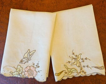 2 Madeira guest or hand towels, dark beige cutwork embroidery, pastel applique flowers, butterfly, beige linen 20" x 14" Exc vintage cond