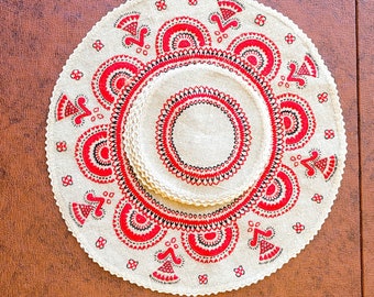 8 Red & Black coasters or cocktail rounds and center mat, hand embroidered beige linen, unused still tacked together, Excellent vintage cond