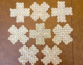 8 Tenerife Needle Lace Doilies, 4" sq, finely hand worked saba, sol or nanduti lace, all slightly different, ivory linen Exc vintage cond