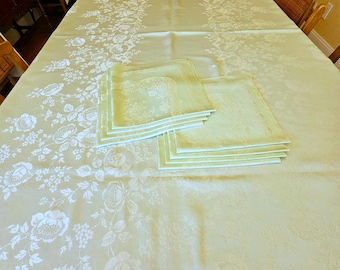 Mint Green Damask Roses Tablecloth 102" x 65" & 9 dinner napkins, cotton rayon blend, appears unused Exc vintage condition