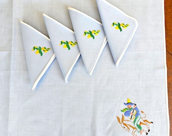 Square Tablecloth 35" sq, table topper, 4 napkins, hand embroidered with Man in Sombrero with Guitar on donkey, blue linen, Exc vintage cond