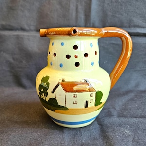 Torquay Mottoware Puzzle Jug, hand painted cottage, motto, I&#39;ve Made a Joke for Man, Watcombe Torquay England 4 5/8&quot; hi, Exc vintage cond