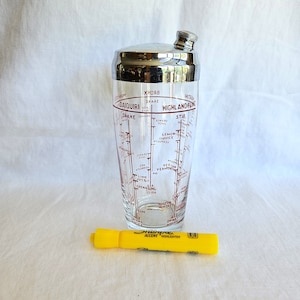 Cocktail Shaker, chrome top with spout, clear glass with red Pyro drink recipes for 2 or 4, personal size 7.25&quot; tall Excellent vintage condn