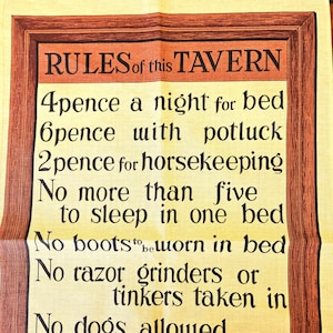 Rules of This Tavern Dish or Tea Towel, Lemuel Cox's Inn, cotton linen blend, unused unwashed NWT NOS 19" x 30" Excellent vintage condition