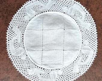 6 Binche bobbin lace cocktail napkins, rounds, or coasters, drawn or pulled thread embroidery on fine white Linen 5.5" rnd Exc vintage cond