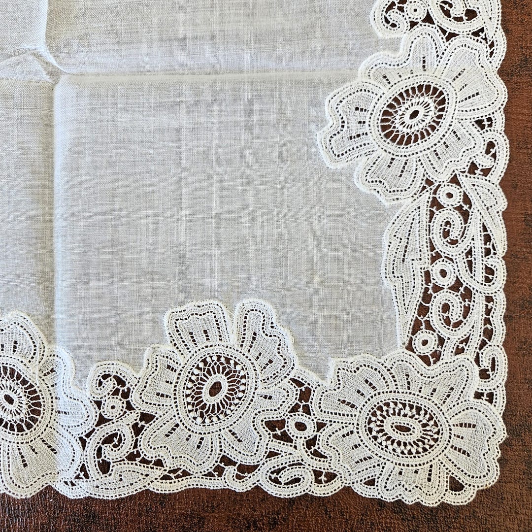 White Wedding Hanky Trimmed With Machine Bobbin Tape Lace, Large