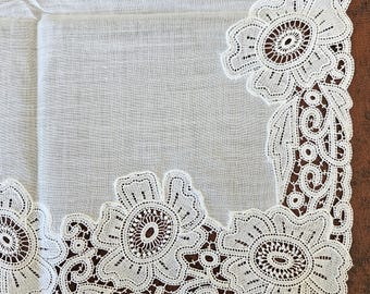 White Wedding Hanky Trimmed With Machine Bobbin Tape Lace, Large