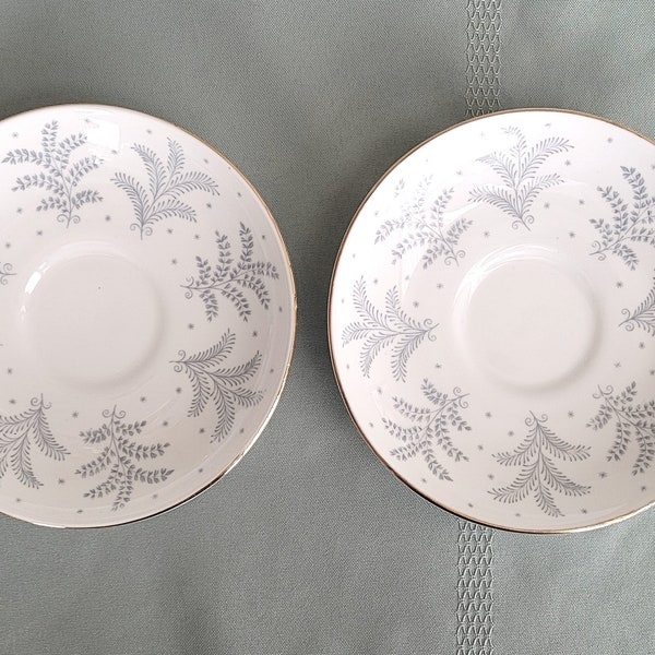 2 Princess Anne Fernlea orphan Saucers, NO cups, Blue Gray Ferns on White background, Gold Trim, Queen Anne Fernleigh Excellent vintage cond