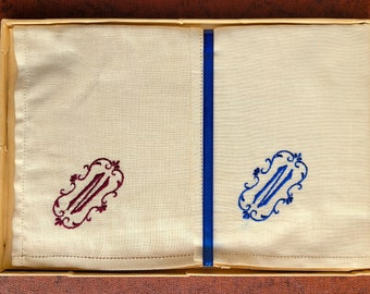 Men's boxed set 2 N monogrammed handkerchiefs, 17" square, original Art Deco box, linen, new old stock NOS, Excellent vintage condition