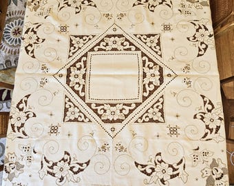 Madeira Floral Cutwork Tablecloth, 6 napkins 50" sq, very detailed taupe hand embroidery on beige linen, NWOT unused, Exc vintage condition