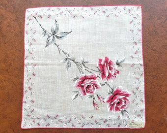 Pink Roses Hanky Handkerchief 14" sq, Lady Heritage label, hand rolled hem, pink gray & white on white Irish Linen Excel unused vintage cond