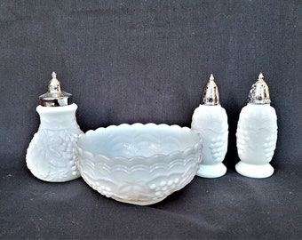 Stippled Grape Milk Glass serving table set, Sugar, Salt & Pepper Shakers, chrome tops, condiment bowl, Imperial Glass Co Excel Vintage cond