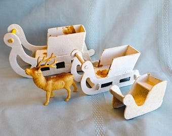 Set of 3 Cardboard Mica Sleighs & 1 plastic 3" Reindeer, 7", 5.5", 3", Germany, 1940s, NOT perfect, PLEASE see photos and description