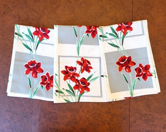 3 Red Daffodils Dish or Tea Towels, P & S Creations, recycled from a tablecloth? or yardage? heavy white cotton, Excellent vintage condition