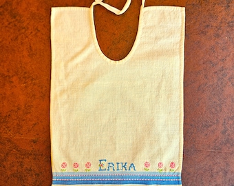 Erika Linen Baby Bib, Hand Made from a dish towel & cross stitch embroidered with pink flowers, 9.75" x 13.5' Very Good vintage condition