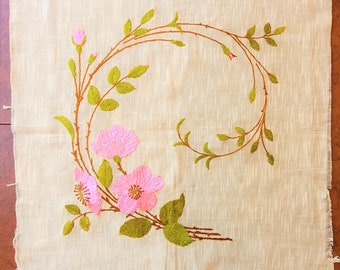 Pink Roses Pillow Cover Top or MCM Wall hanging, hand embroidered vivid colors on tan silk? 20" sq, no backing, Excellent vintage condition