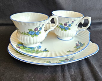 2 Hollyhocks Tea & Toast sets, Crown Staffordshire Gainsborough, blue and purple flowers and butterflies, Bone china, Excellent vintage cond