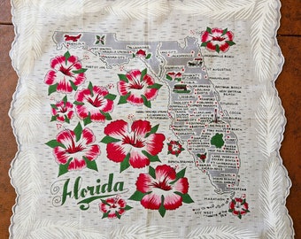 Souvenir of Florida handkerchief hanky, gray and pink with Hibiscus flowers and state map, scalloped edge 13.5" sq, Excellent vintage cond