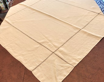 Heavy Plain Weave Irish Linen tablecloth with pulled thread borders & hand rolled hems, warm light beige 44" sq Excellent vintage condition