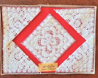 Irish Linen & Lace Cocktail set, 6 white Cocktail coasters and solid red linen placemat, original package, excellent vintage unused conditn