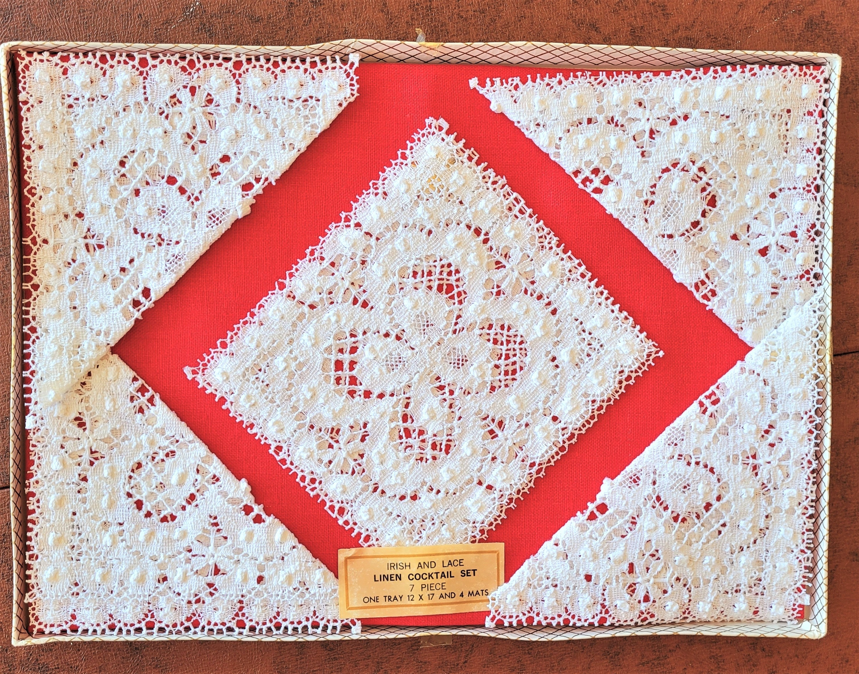 Irish Linen Lace Cocktail Set 6 White Cocktail Coasters and
