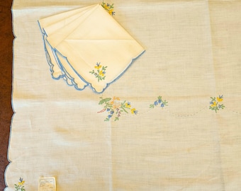Floral tablecloth 33" sq, 4 napkins, Madeira hand embroidered on ecru linen, Leacock Portugal, NOS NWT unused with tags Exc vintage cond
