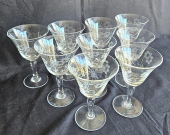 Nine footed Wine Glasses or cocktail glasses, gray cut floral pattern 4.25" tall, 3 oz. Depression glass, unknown maker Exc vintage cond