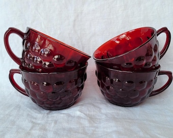 4 Royal Ruby Bubble Tea or Coffee Cups but NO Saucers by Anchor Hocking Fire King, 2.5" high, Boopie glass, Exc vintage condition
