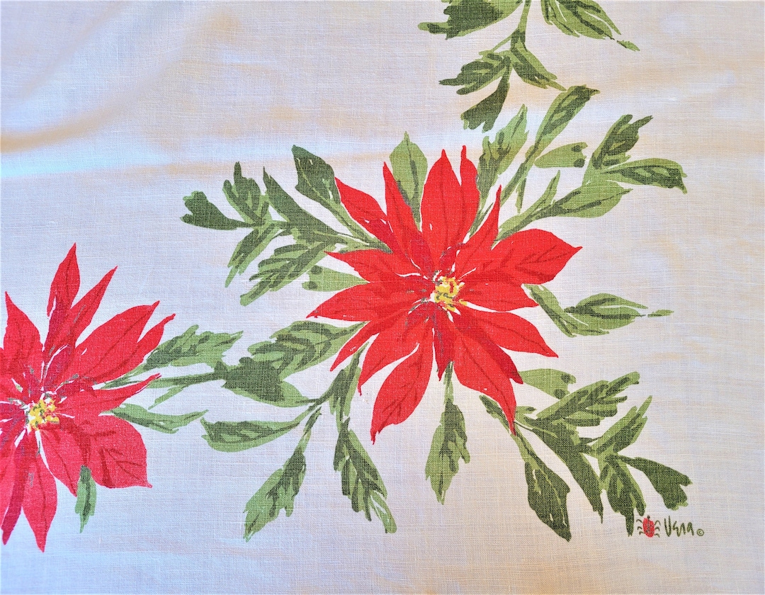 Vera Poinsettias Linen Tablecloth, Red & Green on White Linen, 50 X 64