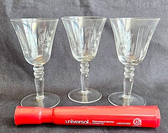 Set of 3 Lily of The Valley footed Cordial, Aperitif or Communion Glasses, Gray Cut or Wheel Cut Crystal 1.5 oz, 3.75" hi, Exc vintage cond