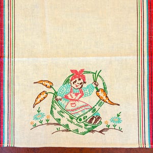 Happy Girl in Basket with Carrots, Colortex Tea or Dish towel, stamped, ready to embroider, striped borders NWOT 26" x 17" Exc vintage cond