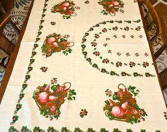 Fruit Basket Tablecloth 79" x 60" vivid pink, red, green on ecru linen cotton blend, unused, NWT NOS Heritage Poland label, Exc vintage cond