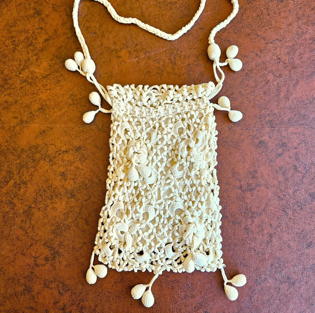 Irish Crocheted Purse or Reticule, Beige Crochet Cotton, Taffeta Lining ...