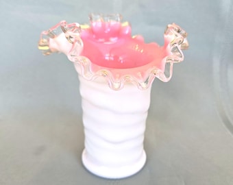 Fenton Peach Crest vase, 5.5" tall, 2.5" base, pink cased milk glass crimped and ruffled triangular top clear top edge Exc vintage condition